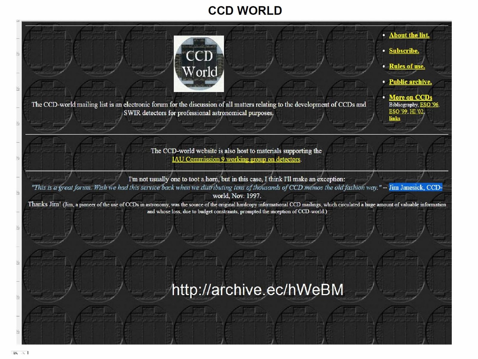 Janesick:  CCD World mailing list for professional astronomers